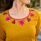 Classic Mustard Cotton Kurta with Delicate Kashida Embroidery & Contrast Pink Accents