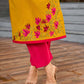 Classic Mustard Cotton Kurta with Delicate Kashida Embroidery & Contrast Pink Accents