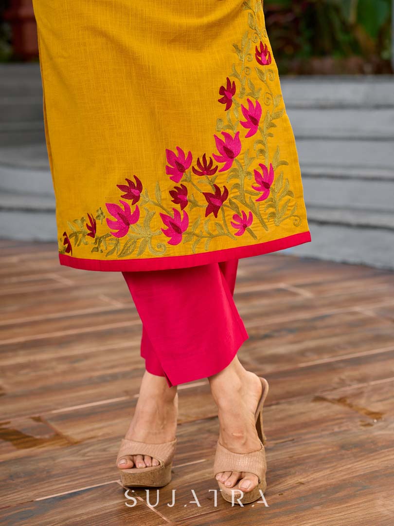Classic Mustard Cotton Kurta with Delicate Kashida Embroidery & Contrast Pink Accents