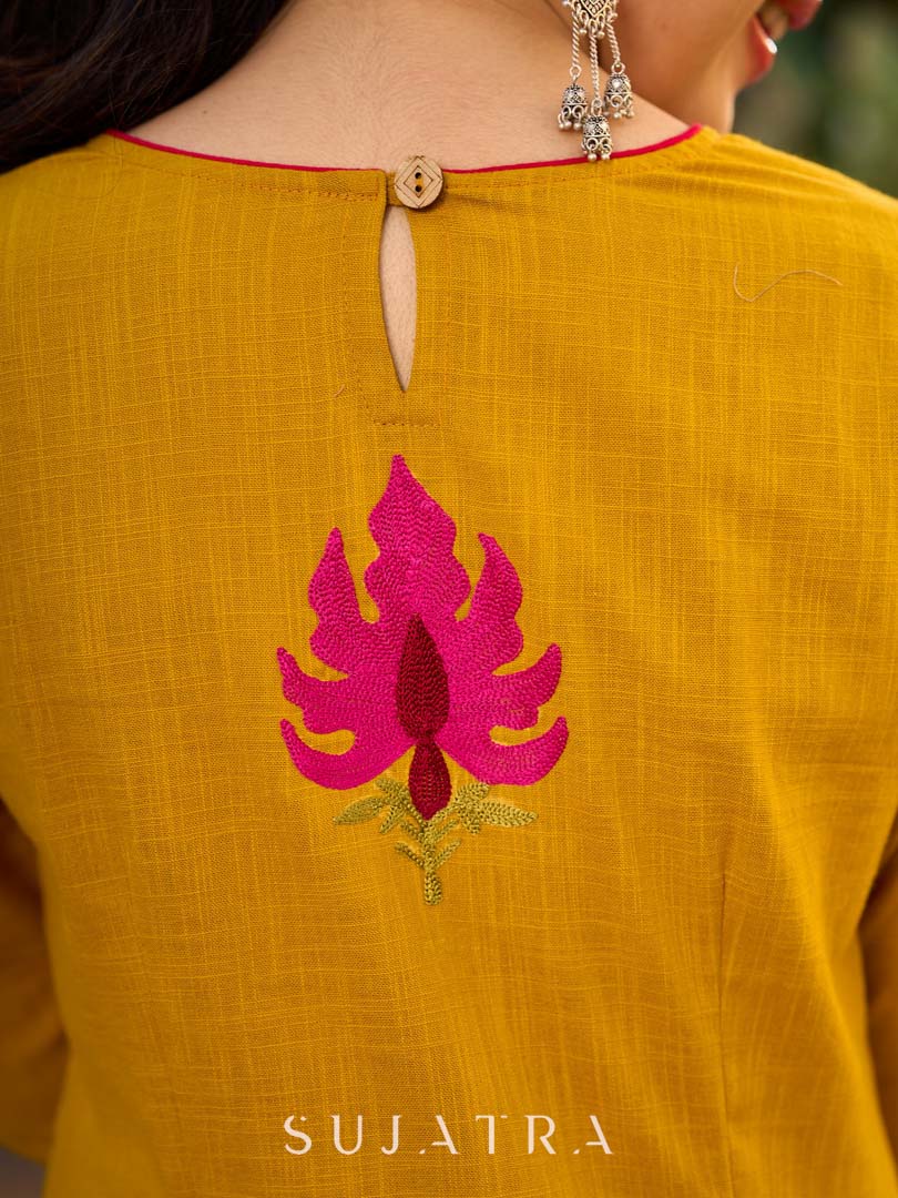 Classic Mustard Cotton Kurta with Delicate Kashida Embroidery & Contrast Pink Accents