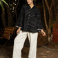 Bold Black Cotton Shirt with Abstract Embroidered Lines and Crochet Lace Accents