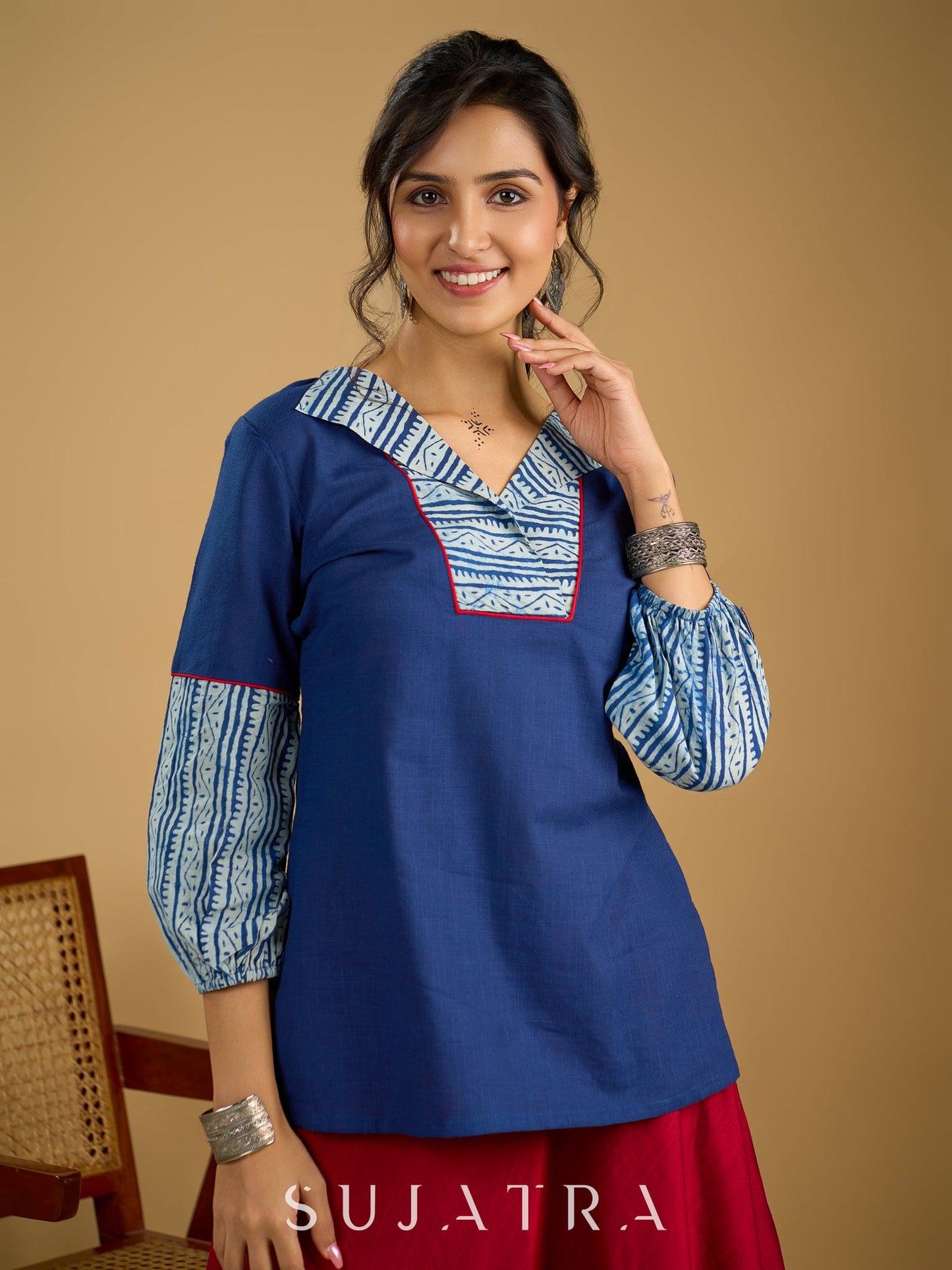 Classic indigo cotton top featuring smart and elegant collar design - skirt optional