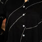 Bold Black Cotton Shirt with Abstract Embroidered Lines and Crochet Lace Accents