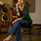 Graceful Green Cotton Silk Top with Ikat Patchwork and V Neck Detail