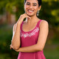 Charming Magenta Cotton Dress with Flared Hem, Ivory Highlights, and Hand-Painted Floral Neckline - Jacket Optional