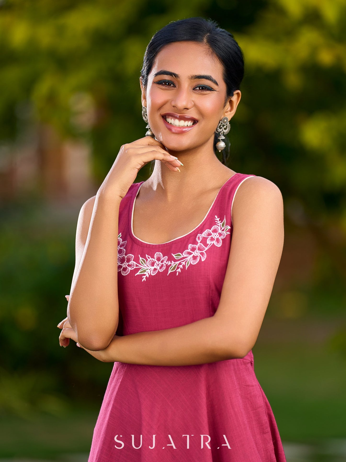 Charming Magenta Cotton Dress with Flared Hem, Ivory Highlights, and Hand-Painted Floral Neckline - Jacket Optional