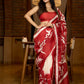 Pure silk saree in red with bold hand-painted abstract artistry