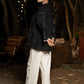 Bold Black Cotton Shirt with Abstract Embroidered Lines and Crochet Lace Accents