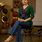Graceful Green Cotton Silk Top with Ikat Patchwork and V Neck Detail
