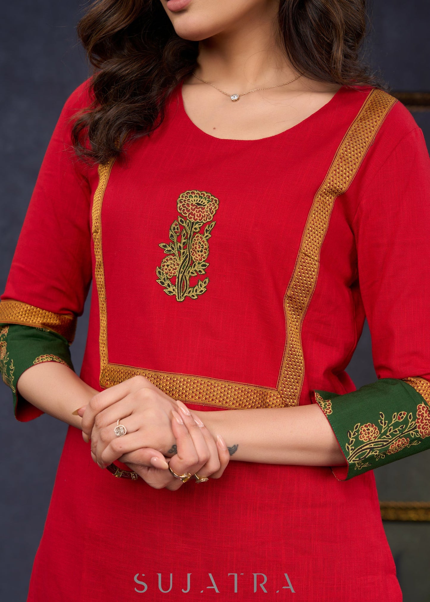 Graceful-Red-Cotton-Straight-Cut-Kurta-With-Ajrakh-Combination-Highlighted-With-Floral-Ajrakh-Applique-On-The-Yoke--Pant-Optional