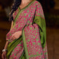 Mehendi Green-Pink Mughal Floral Hand Block Print Cotton Saree