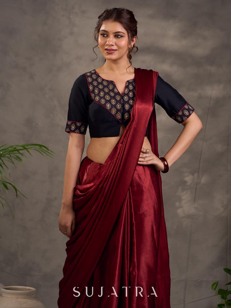 Striking Black Cotton Silk Blouse with Ajrakh Printed Embroidered Yoke & Red Piping Detail