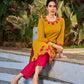 Classic Mustard Cotton Kurta with Delicate Kashida Embroidery & Contrast Pink Accents