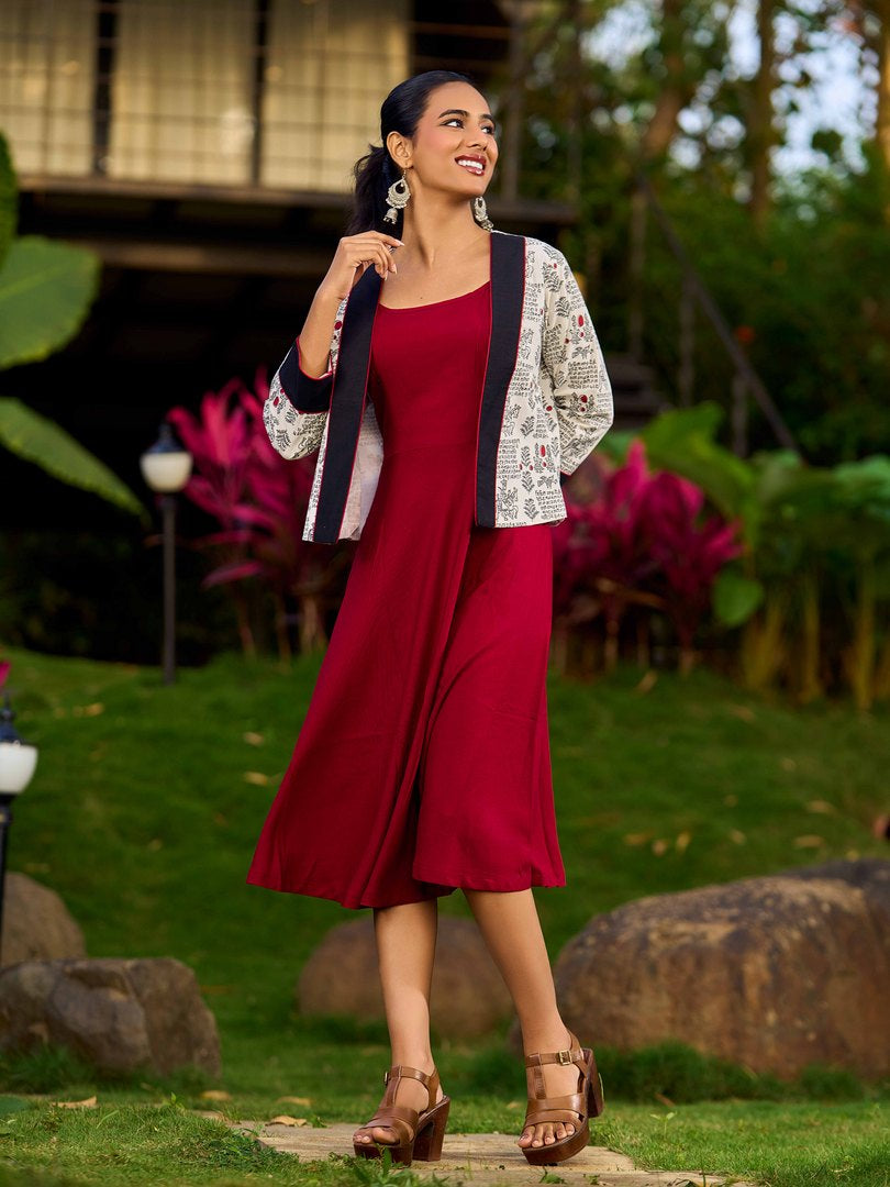 White Cotton Printed Jacket with Script Motifs and Black Trim Accents