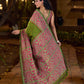 Mehendi Green-Pink Mughal Floral Hand Block Print Cotton Saree
