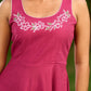 Charming Magenta Cotton Dress with Flared Hem, Ivory Highlights, and Hand-Painted Floral Neckline - Jacket Optional