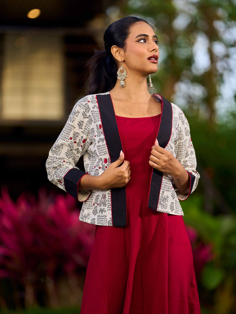 White Cotton Printed Jacket with Script Motifs and Black Trim Accents