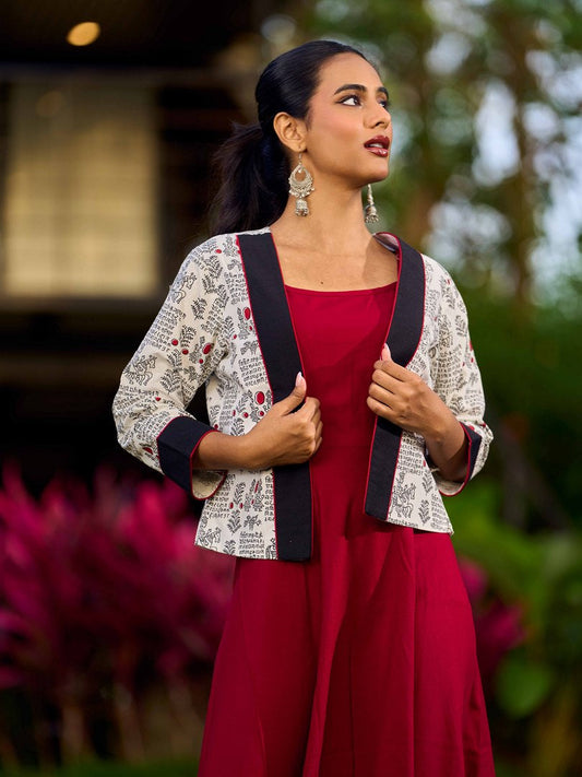 White Cotton Printed Jacket with Script Motifs and Black Trim Accents