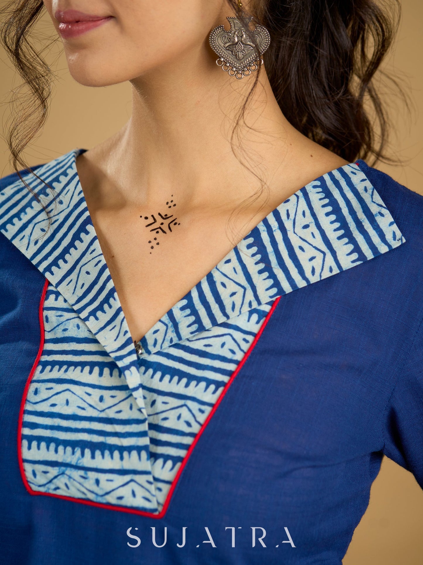 Classic indigo cotton top featuring smart and elegant collar design - skirt optional