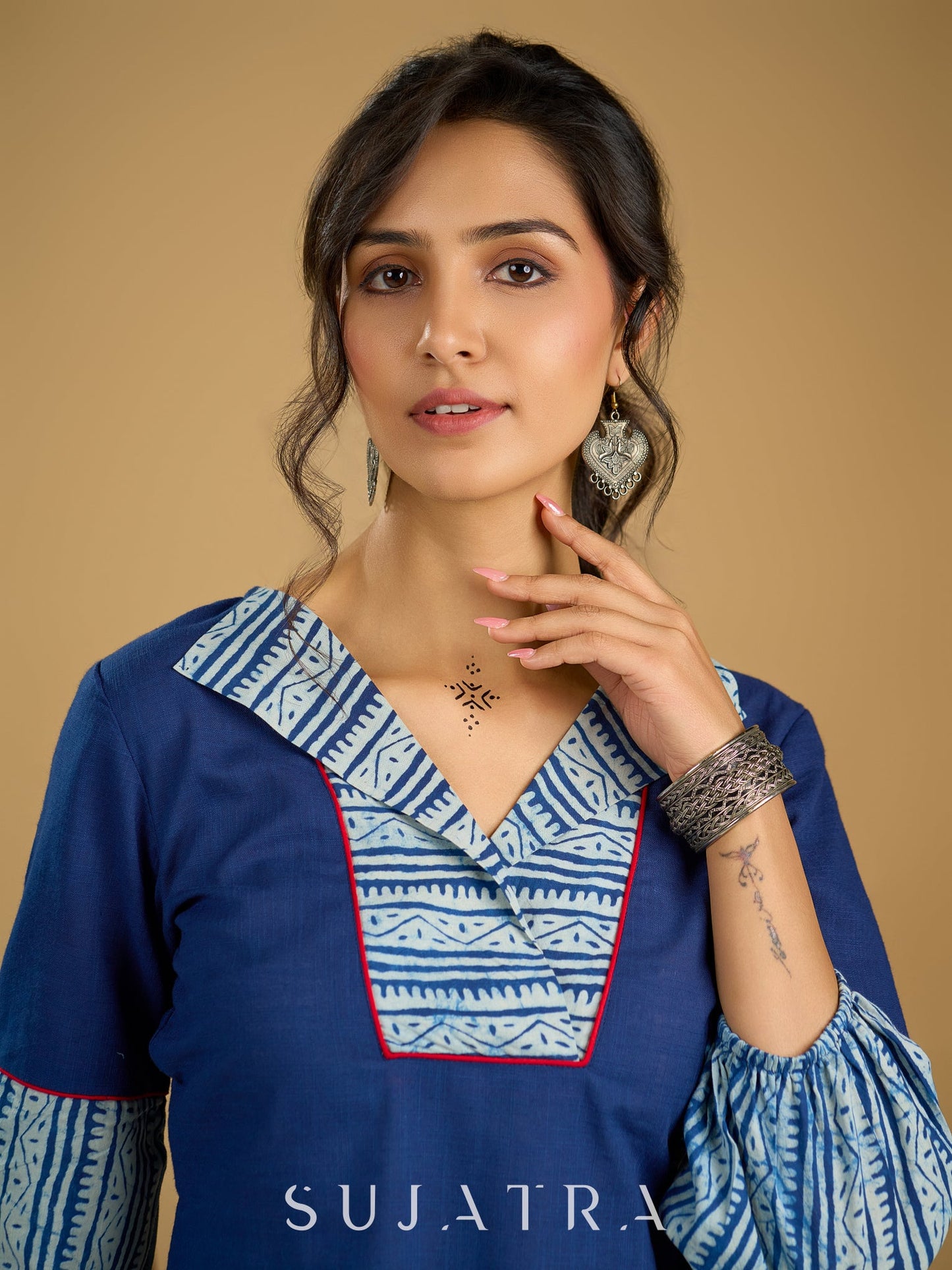 Classic indigo cotton top featuring smart and elegant collar design - skirt optional