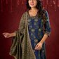 Indigo Ajrakh Kurta with Subtle Embroidered Neckline & Sleeves