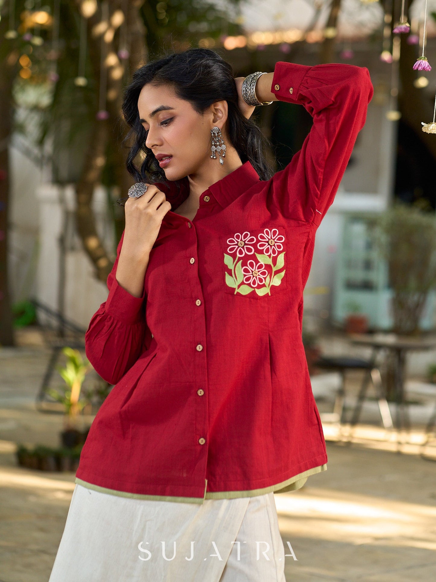 Maroon Contemporary Cotton Shirt with Floral Painted Highlight