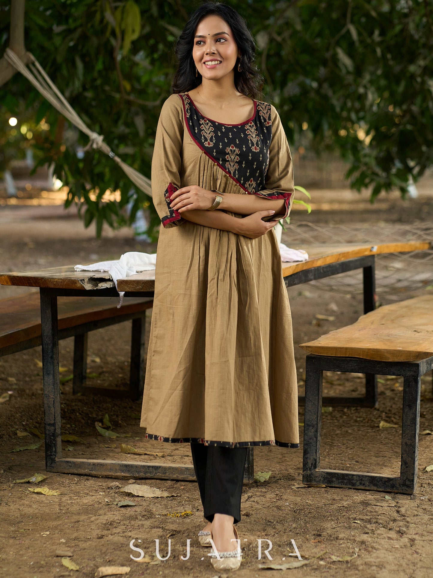 Timeless Beige Cotton Kurta Featuring Ajrakh Asymmetrical Yoke