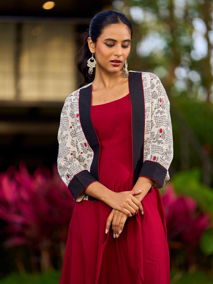 White Cotton Printed Jacket with Script Motifs and Black Trim Accents