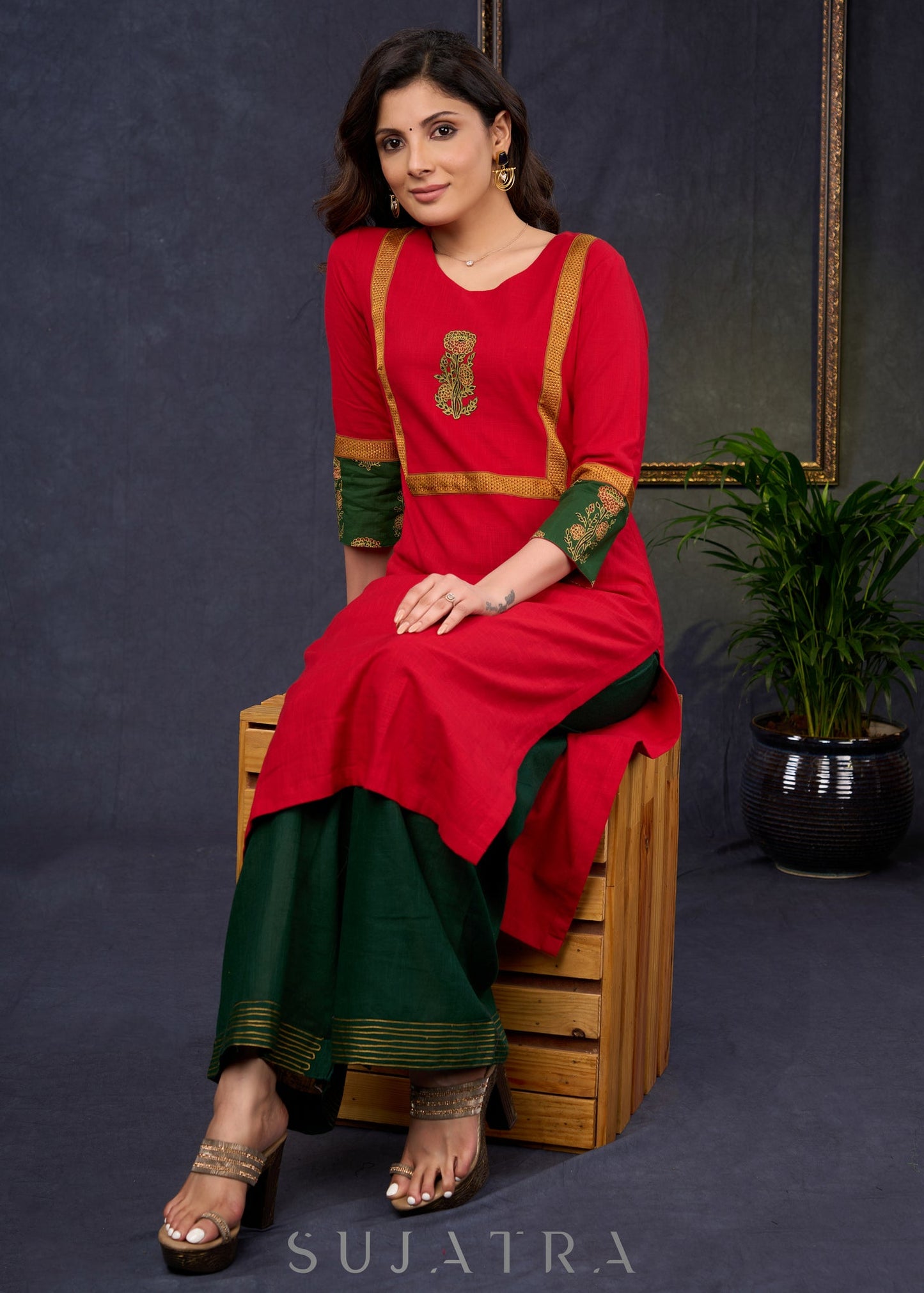 Graceful-Red-Cotton-Straight-Cut-Kurta-With-Ajrakh-Combination-Highlighted-With-Floral-Ajrakh-Applique-On-The-Yoke--Pant-Optional