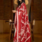 Pure silk saree in red with bold hand-painted abstract artistry