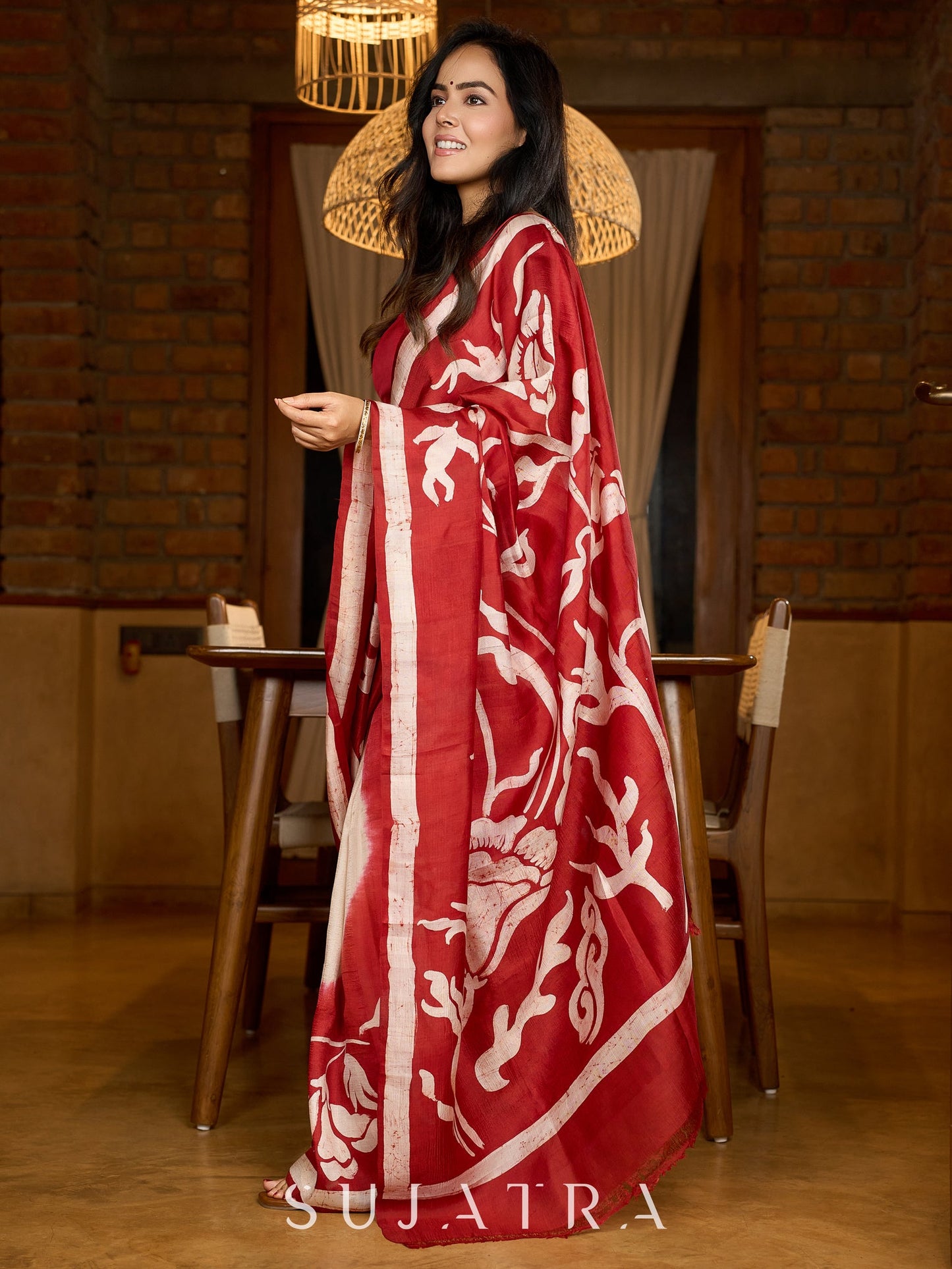 Pure silk saree in red with bold hand-painted abstract artistry