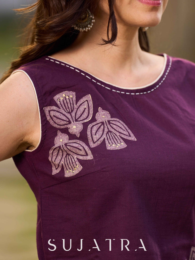 Handcrafted Purple Cotton Sleveeless Hand Block Print Kurta with Abstract Print