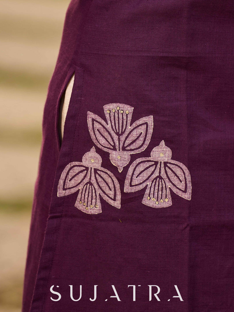 Handcrafted Purple Cotton Sleveeless Hand Block Print Kurta with Abstract Print