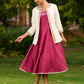 Charming Magenta Cotton Dress with Flared Hem, Ivory Highlights, and Hand-Painted Floral Neckline - Jacket Optional