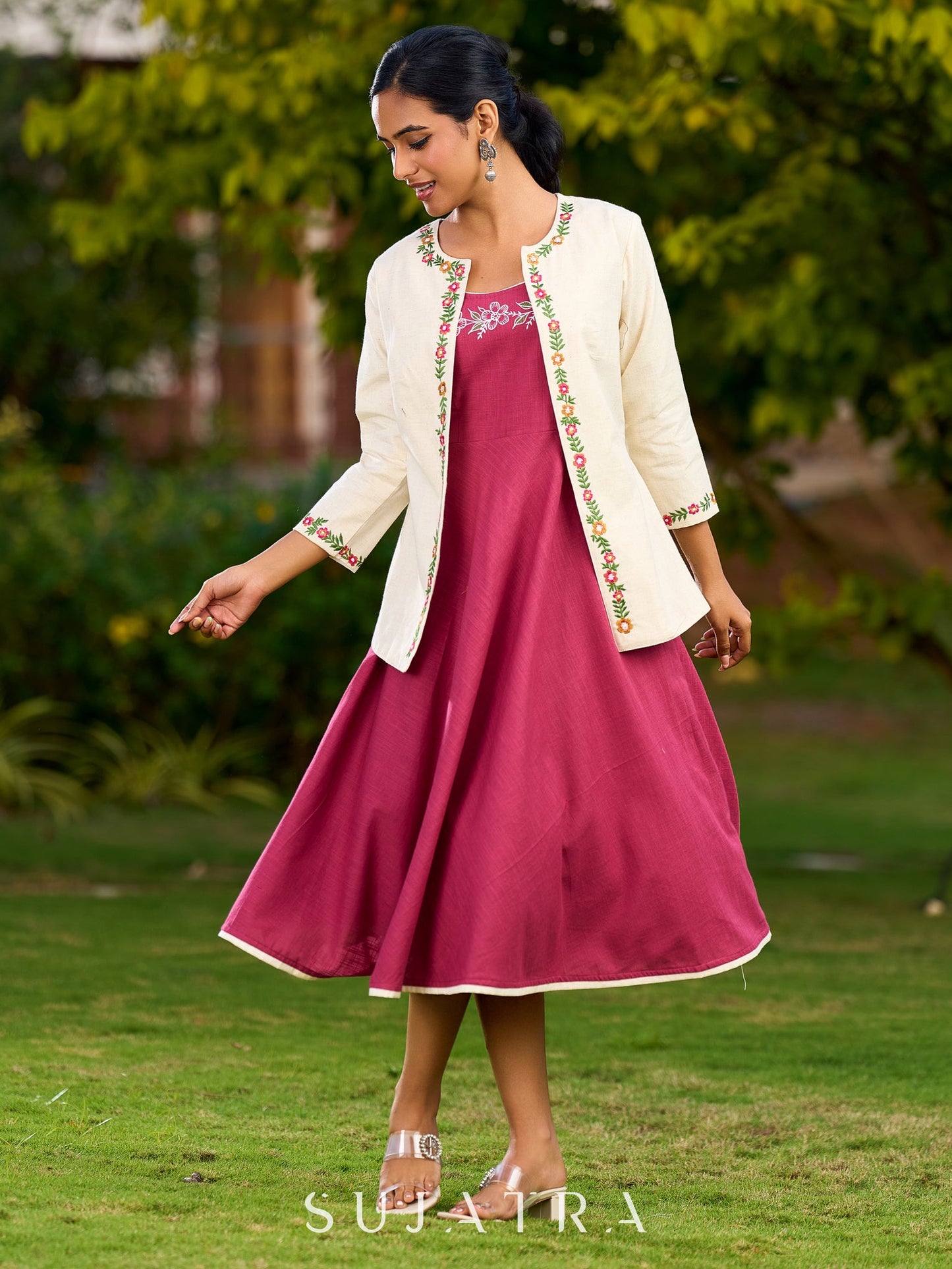 Charming Magenta Cotton Dress with Flared Hem, Ivory Highlights, and Hand-Painted Floral Neckline - Jacket Optional