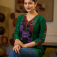 Graceful Green Cotton Silk Top with Ikat Patchwork and V Neck Detail