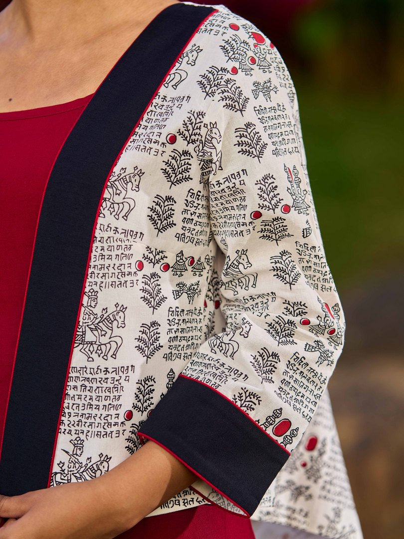 White Cotton Printed Jacket with Script Motifs and Black Trim Accents