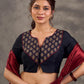Striking Black Cotton Silk Blouse with Ajrakh Printed Embroidered Yoke & Red Piping Detail