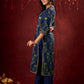 Indigo Ajrakh Kurta with Subtle Embroidered Neckline & Sleeves