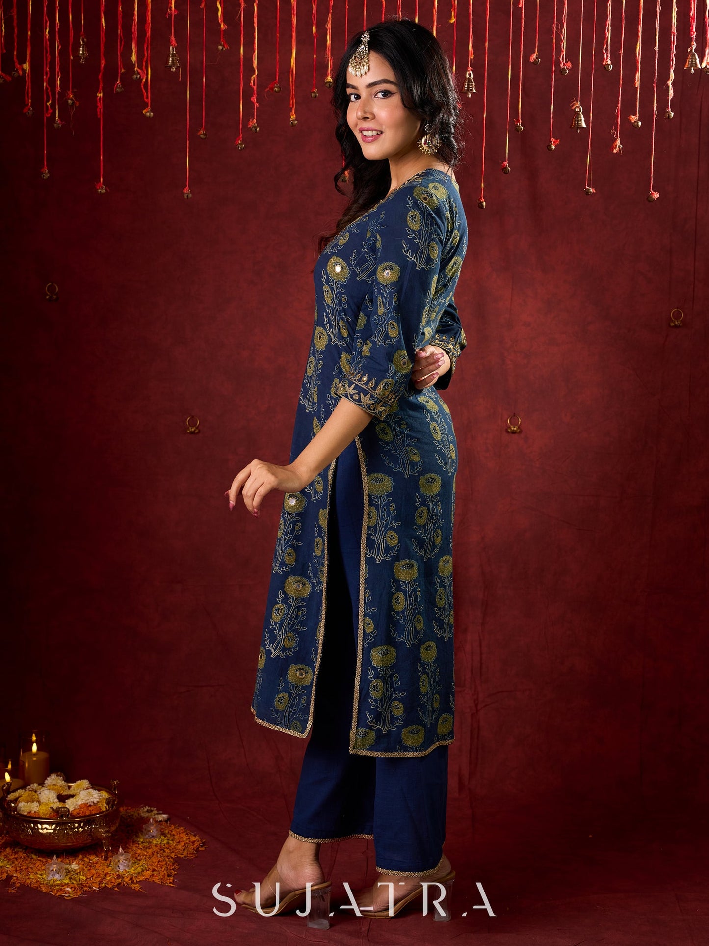 Indigo Ajrakh Kurta with Subtle Embroidered Neckline & Sleeves