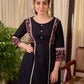 Bold Black Cotton Kurta with Contrast Floral Sleeve Cuffs and Stripe Border Detail