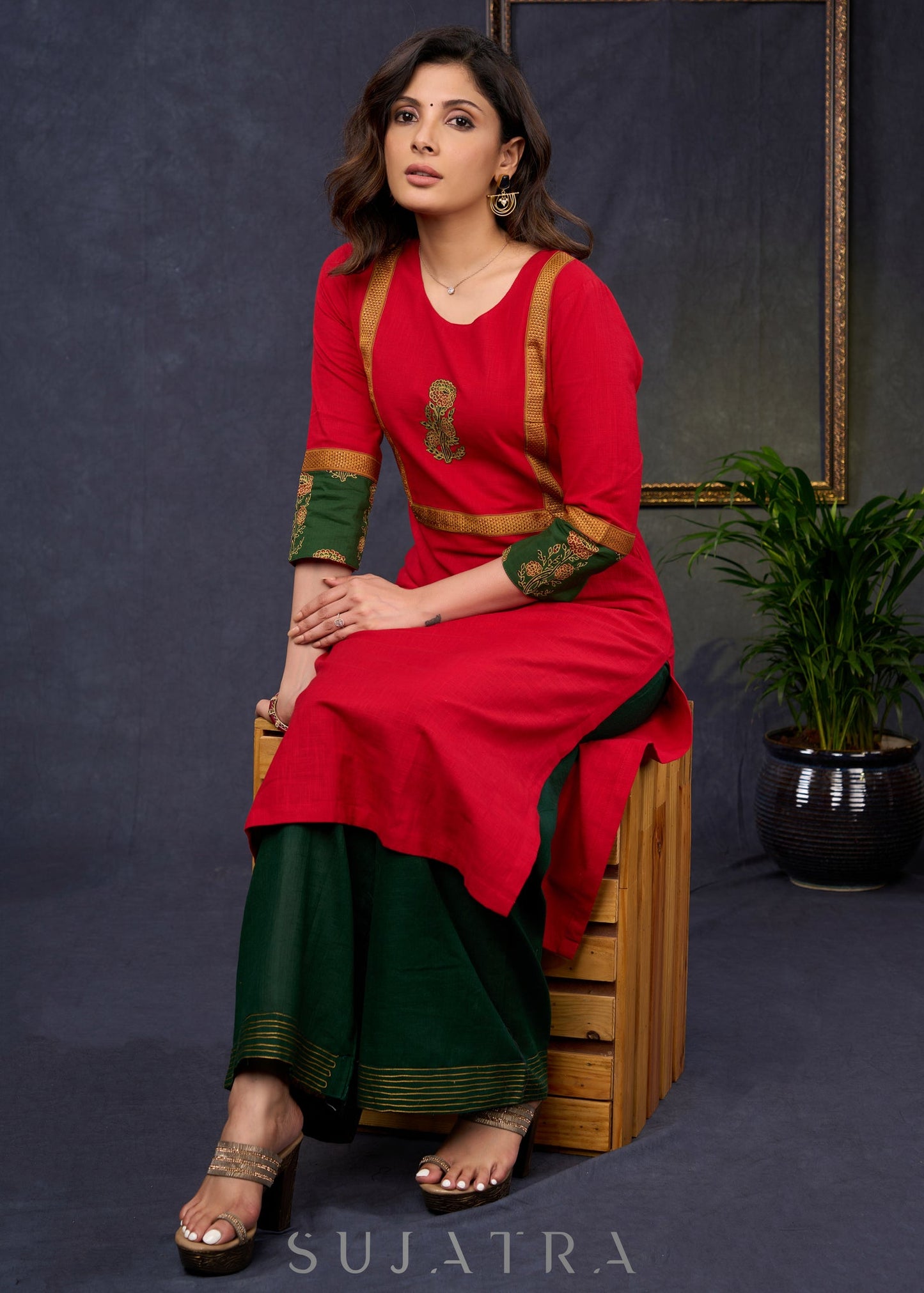 Graceful-Red-Cotton-Straight-Cut-Kurta-With-Ajrakh-Combination-Highlighted-With-Floral-Ajrakh-Applique-On-The-Yoke--Pant-Optional