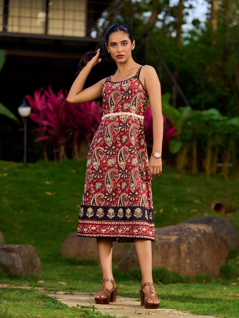 Chic Maroon Cotton Sleeveless Dress With Paisley Block Print And Lace Waist Detail