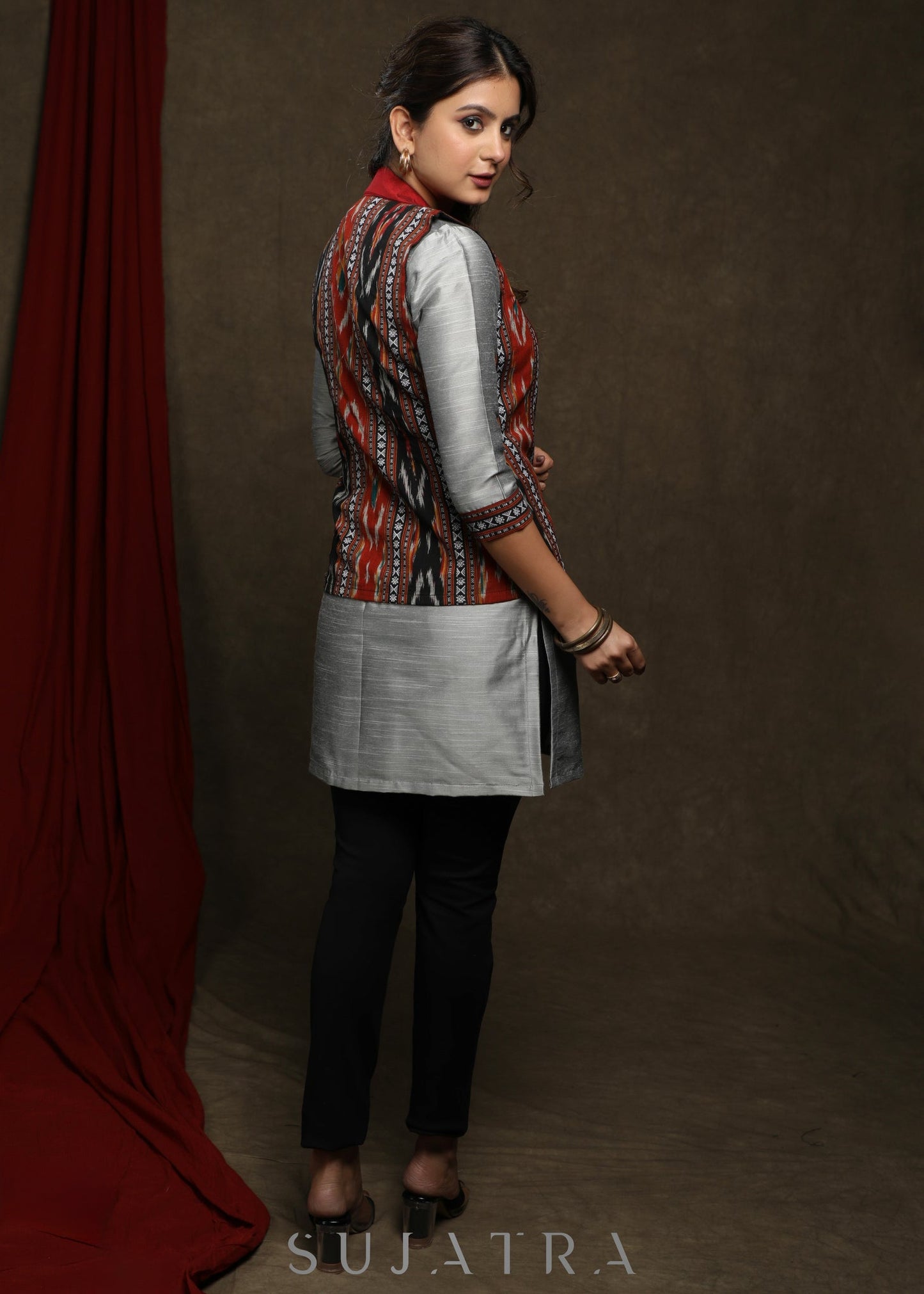 Exclusive Multi color Cotton Ikat Jacket- Grey Cotton silk Tunic Optional