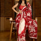 Pure silk saree in red with bold hand-painted abstract artistry