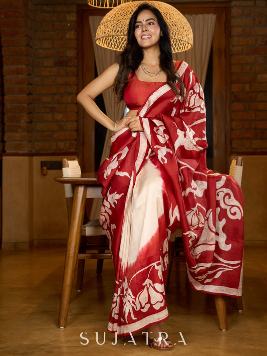 Pure silk saree in red with bold hand-painted abstract artistry