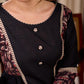 Bold Black Cotton Kurta with Contrast Floral Sleeve Cuffs and Stripe Border Detail
