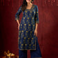 Indigo Ajrakh Kurta with Subtle Embroidered Neckline & Sleeves