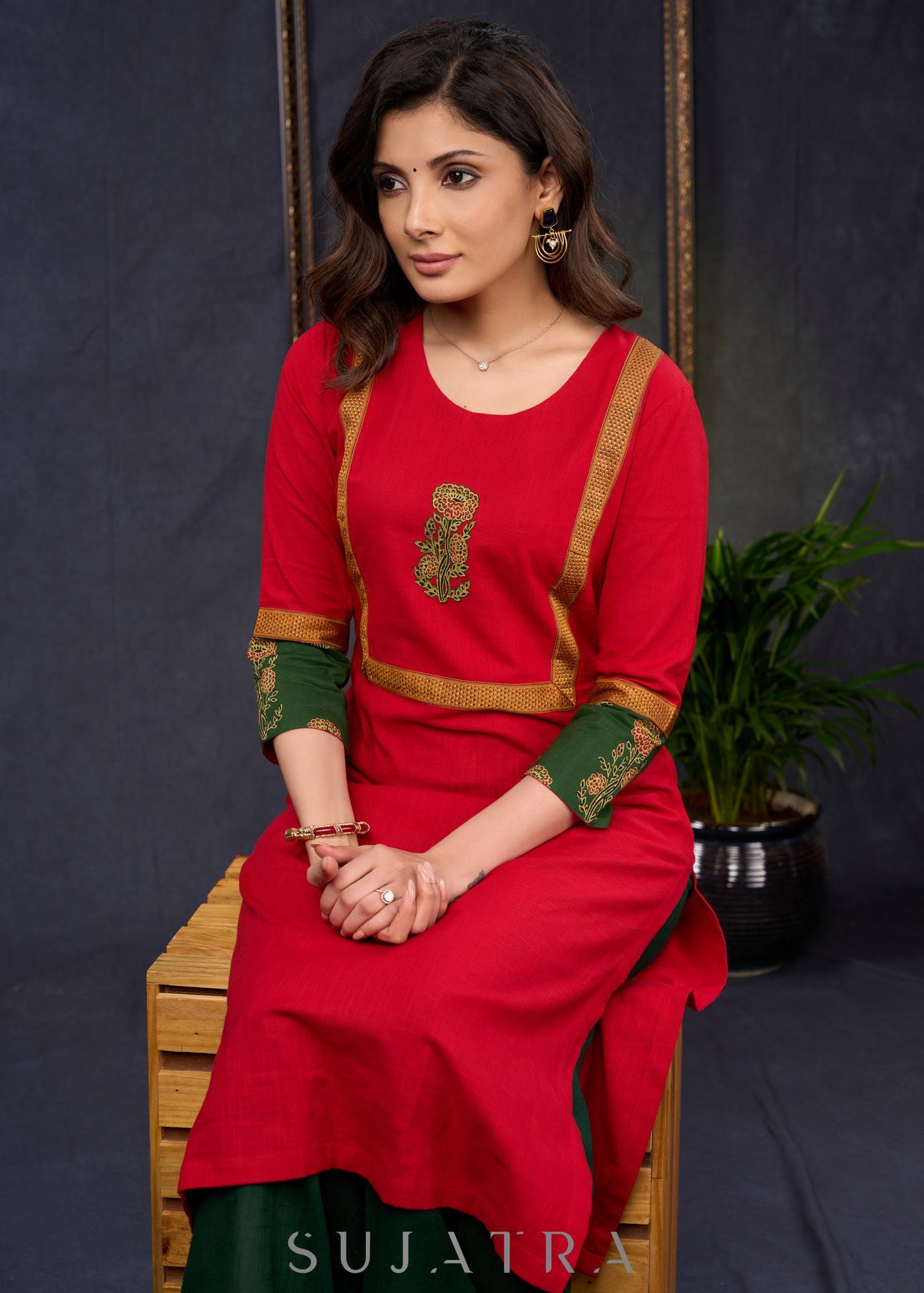 Graceful-Red-Cotton-Straight-Cut-Kurta-With-Ajrakh-Combination-Highlighted-With-Floral-Ajrakh-Applique-On-The-Yoke--Pant-Optional