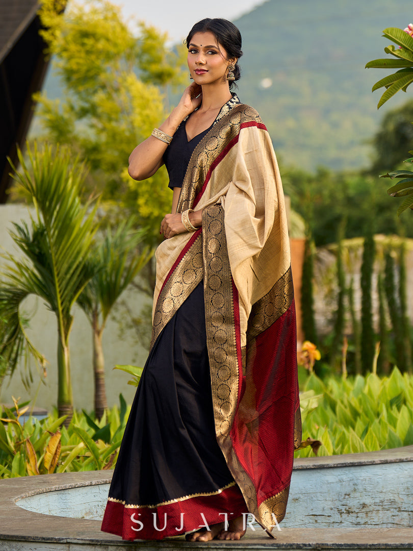 Handcrafted Pure Tussar Silk Saree with Khun Weave & Traditional Banarasi Border